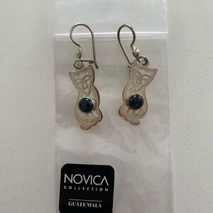 Silver Cat Dangle Earrings with Black Stone